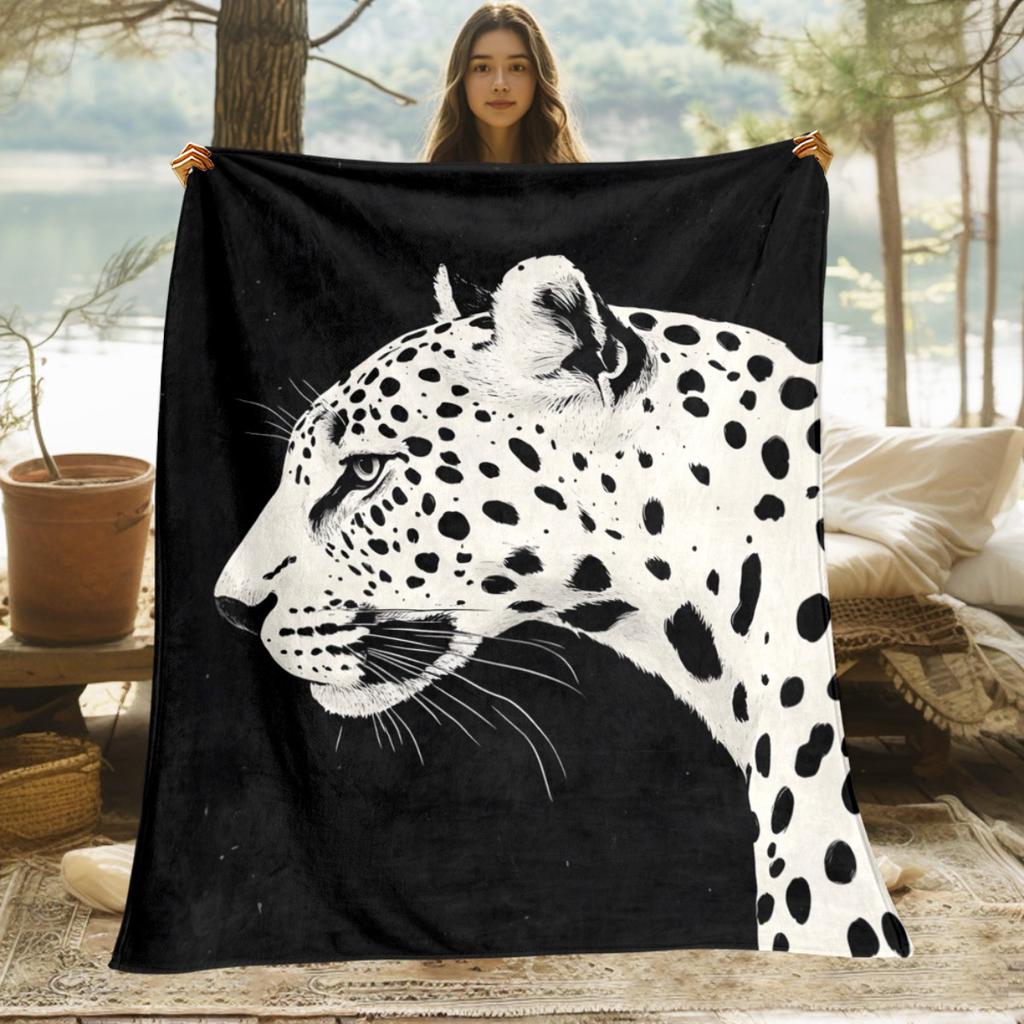 Black and white leopard portrait blanket wildlife animal art soft flannel for home decor bedroom stylish modern animal print
