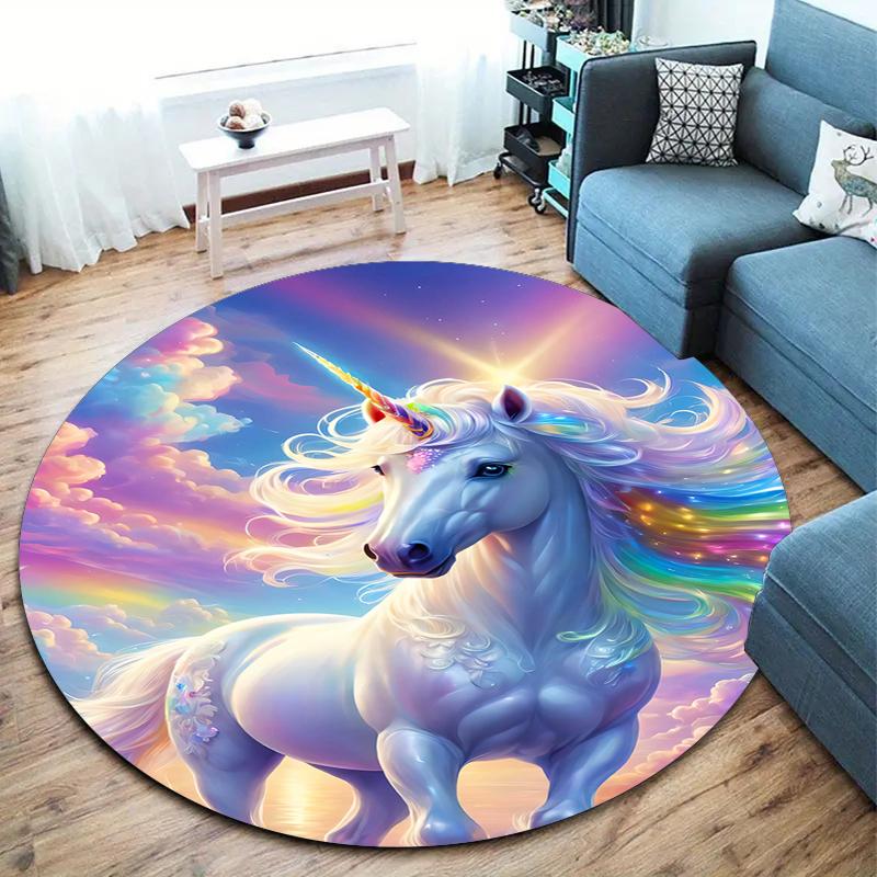 1Pc Cute Unicorn Circular Print Rug - Home Decoration Carpet For Living Room Bedroom Flooring Computer Chair Area Rug