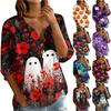 Women V Neck Button Front 3/4 Sleeve Casual Halloween Print T Shirt Top Loose Fit Lightweight Pullover Blouse
