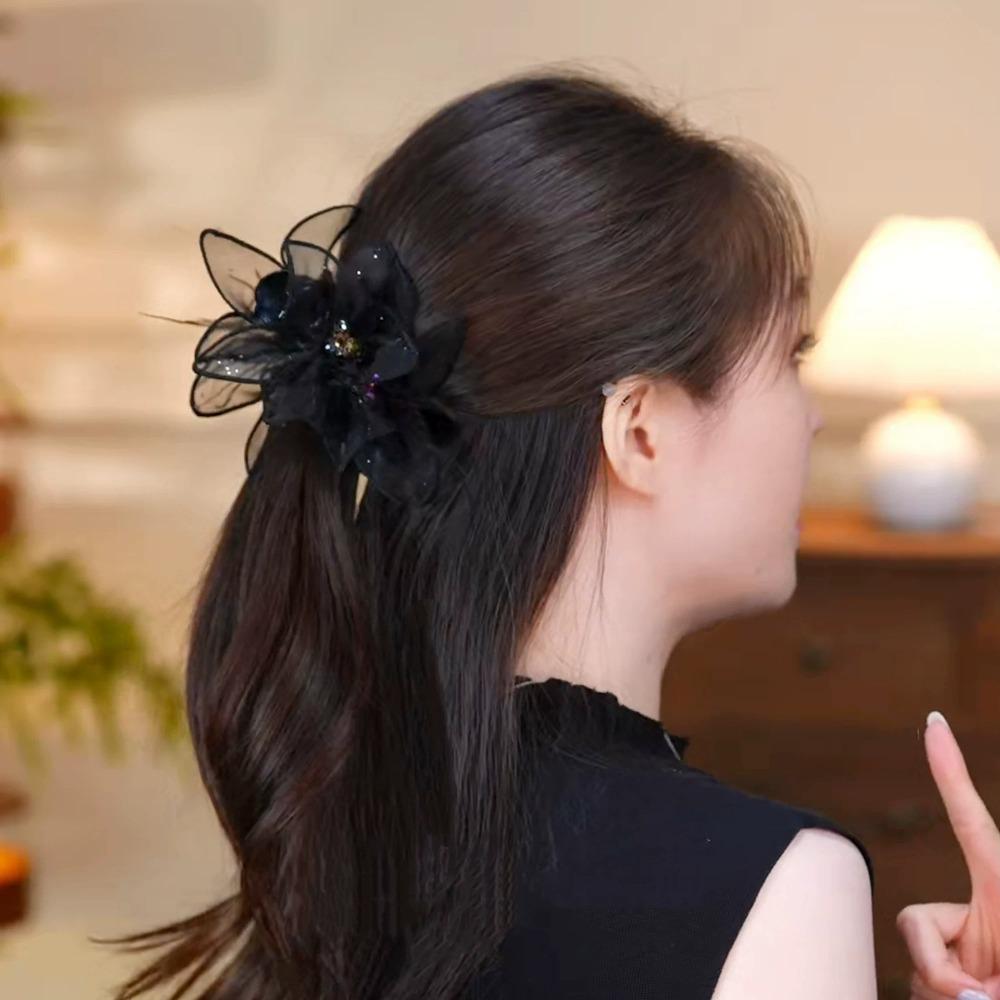 Sheer Tulle Crystal Pendant Spark Crystal Hair Jaw Clip Elegant Tulle Claw Clip Daily Style