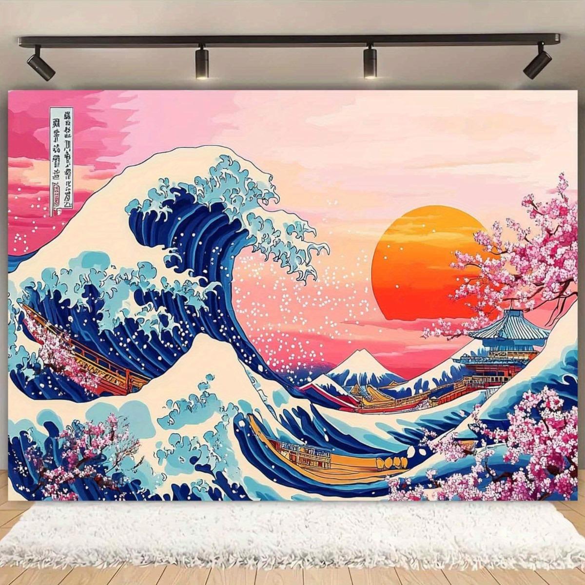 

Iconic Japanese Wave Tapestry Traditional Ukiyoe Style Mount Fuji Sakura Blossoms Spring Scenery Asian Inspired Living RoomWall 74x94cm(29x37in)