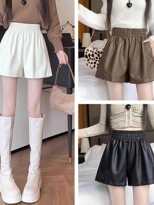Women's High-Waist A-Line PU Leather Shorts - Brown, Autumn/Winter 2023, Fashionable Slim Wide-Leg Design for Outerwear with Boots.