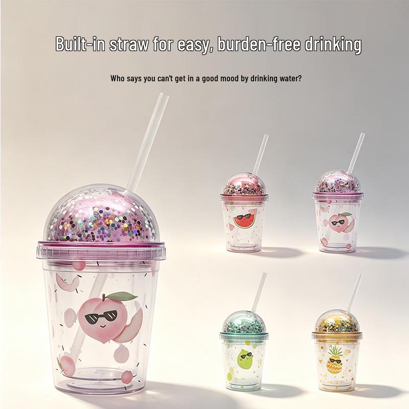350ml Cute Cartoon Fruit Water Cup with Dome Lid & Straw for Kids