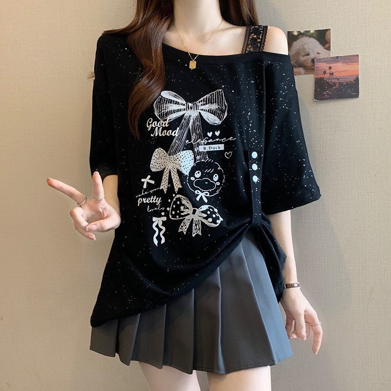 

Plus size Belly Covering American Print Short sleeve T-shirt Bottoming Shirt Women Summer Fat Sister Loose Slimming off-Shoulder Top Black M [Recommendation 42.5-50kg]