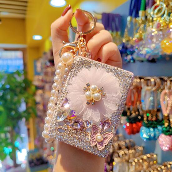 Strass Doppel-Taschenspiegel Schlüsselanhänger Klein Bling Reise Klapp-Kosmetikspiegel Perlenkette Taschenanhänger für Damen Geldbörse Handtasche Geldbörse Zubehör
