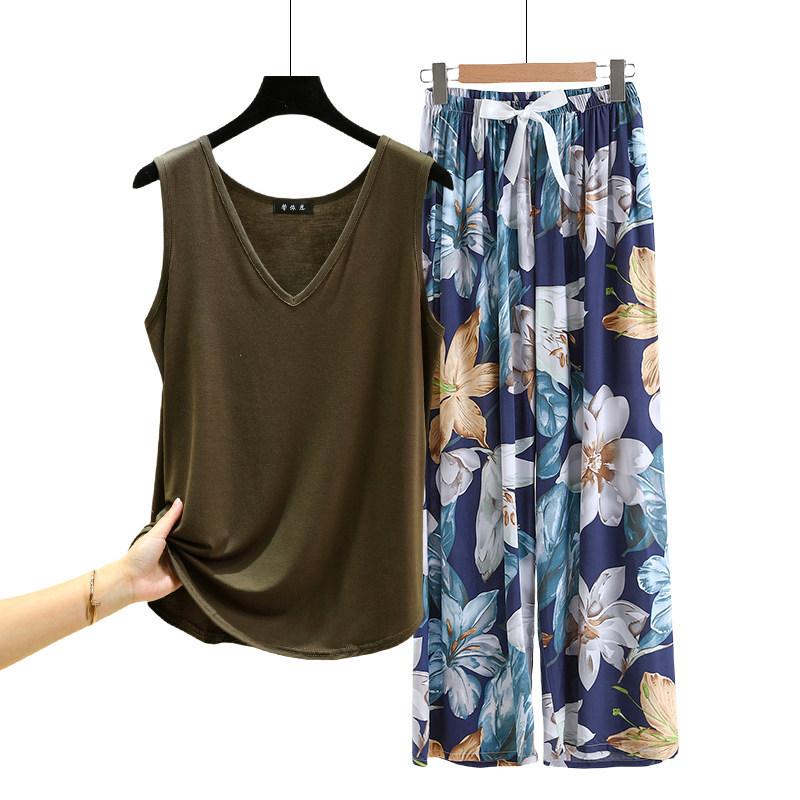 Lockere Modal-Pyjama-Sets Sommer V-Ausschnitt Tanktop und Florale Weite Hosen Lässiger Hausanzug ärmellos Loungewear Übergröße