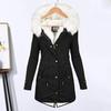 Abrigo de invierno de algodón para mujer, talla grande, capucha de piel sintética, forro polar, cremallera y botón a presión.