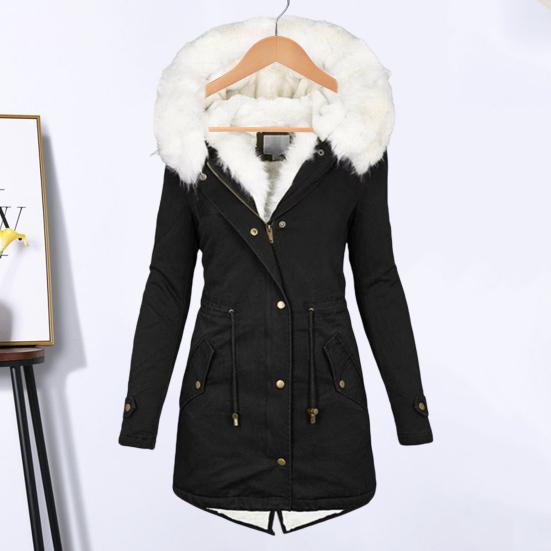 Abrigo de invierno de algodón para mujer, talla grande, capucha de piel sintética, forro polar, cremallera y botón a presión.