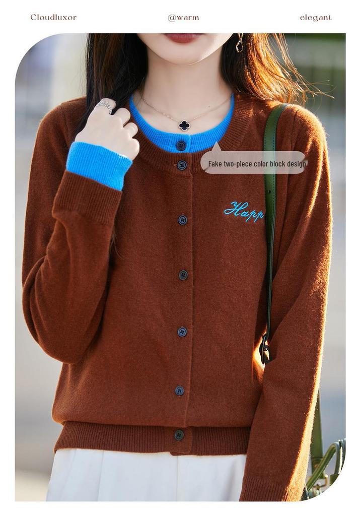 Double-Breasted Faux Two-Piece Cardigan: 2025 Autumn/Winter All-Wool Round Neck Button-Up with Letter Embroidery.