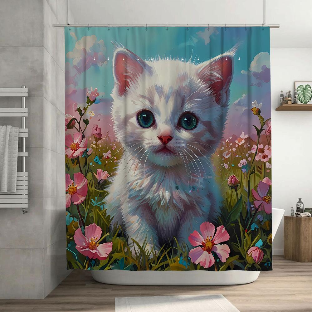 White Cat Shower Curtain Vivid Print Bathroom Decor for Kids Room Flower Pattern Waterproof Fabric Perfect Gift for Pet Lovers (