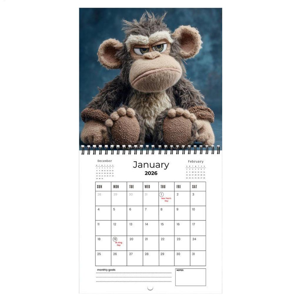 2026 Cartoon Monkey Calendar Funny 12 Month Planner Double-sided Monthly/weekly View Daily Inspirational Quotes Calendar