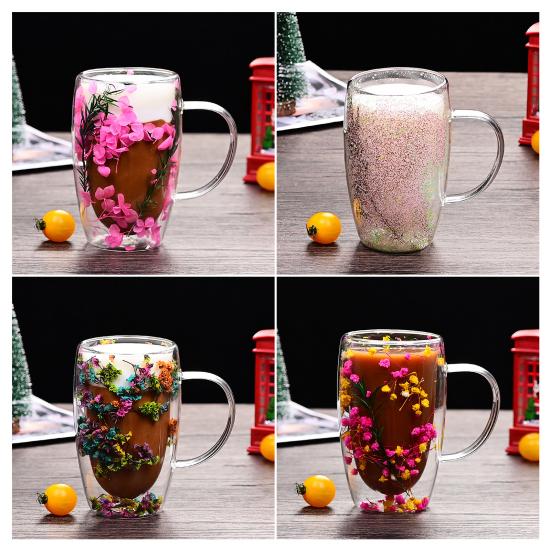Double Wall Glass Mug with Flower Glitter Inside 450ml Large Capacity Heat & Cold Resistant Transparent Mug Creative Breakfast Coffee Cup