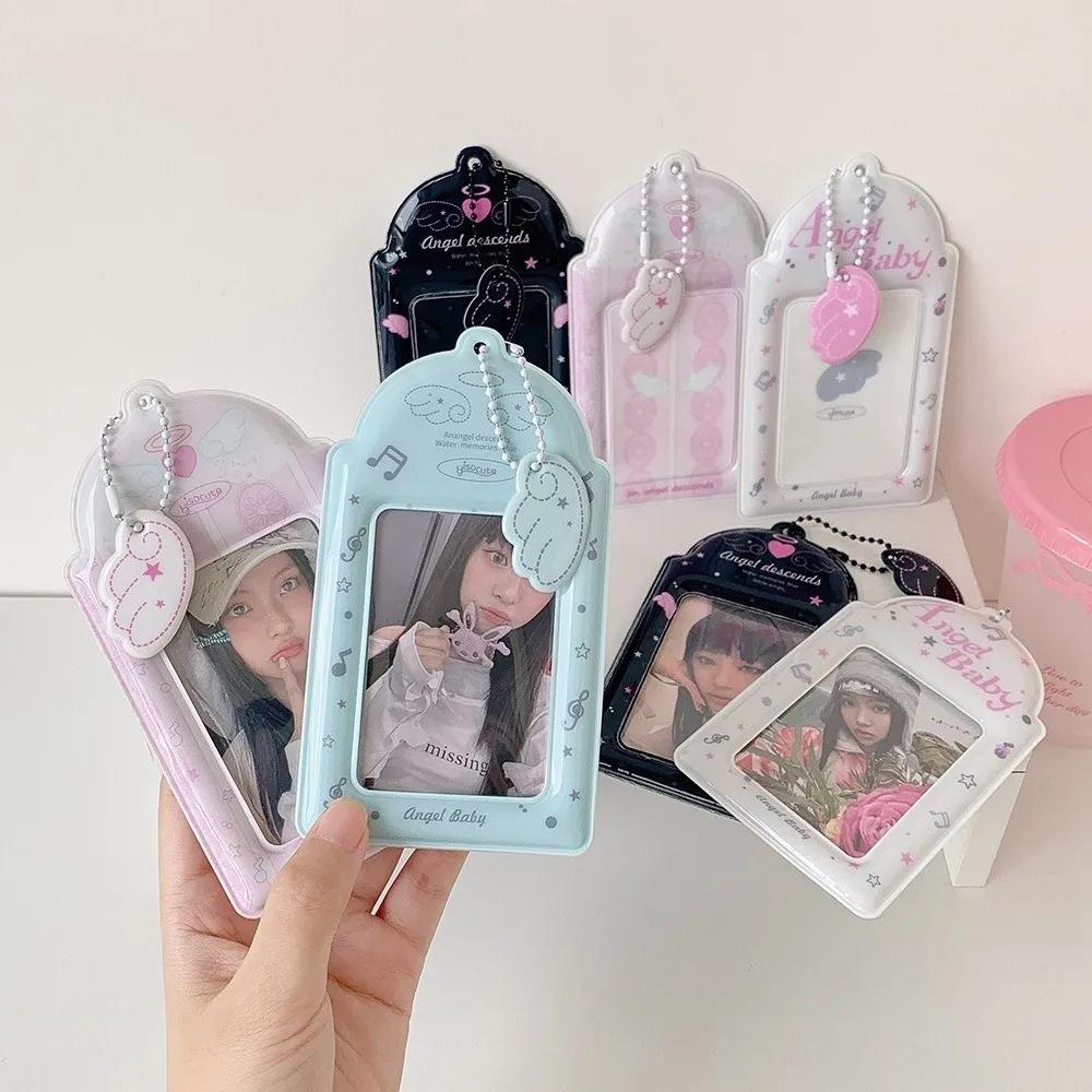 Cute PVC Photocard Holder Keychain Cartoon Angel Wings Photo Frame Hanging Decoration ID Badge Holder for Student Girls