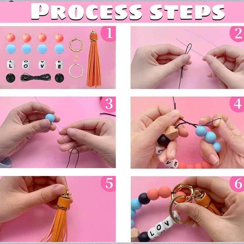 Beaded Making Kit for Bracelet Car Wristlet Keychain Contains 15mm Round Letter Beaded Leather Tassel Elastic for Key Ri