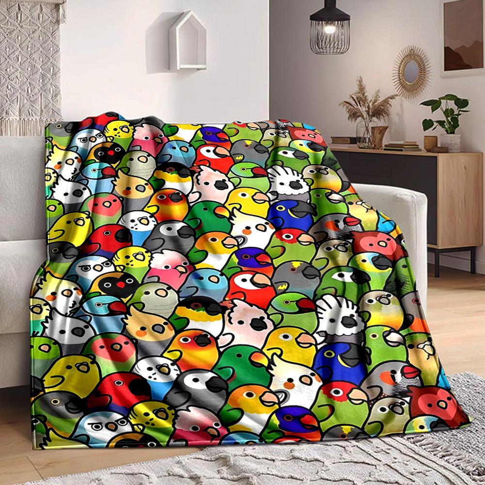 1pc Parrot Party Print Blanket - Lightweight Flannel Throw Blanket For Sofa, Bed, Living Room, Office, Outdoor Travel, Camping, Soft All-Season Throw