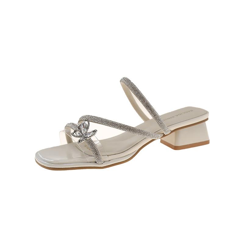 

With skirt French high heel square head cool slippers women s 2025 summer new thick heel bow thin belt cool slippers women 35