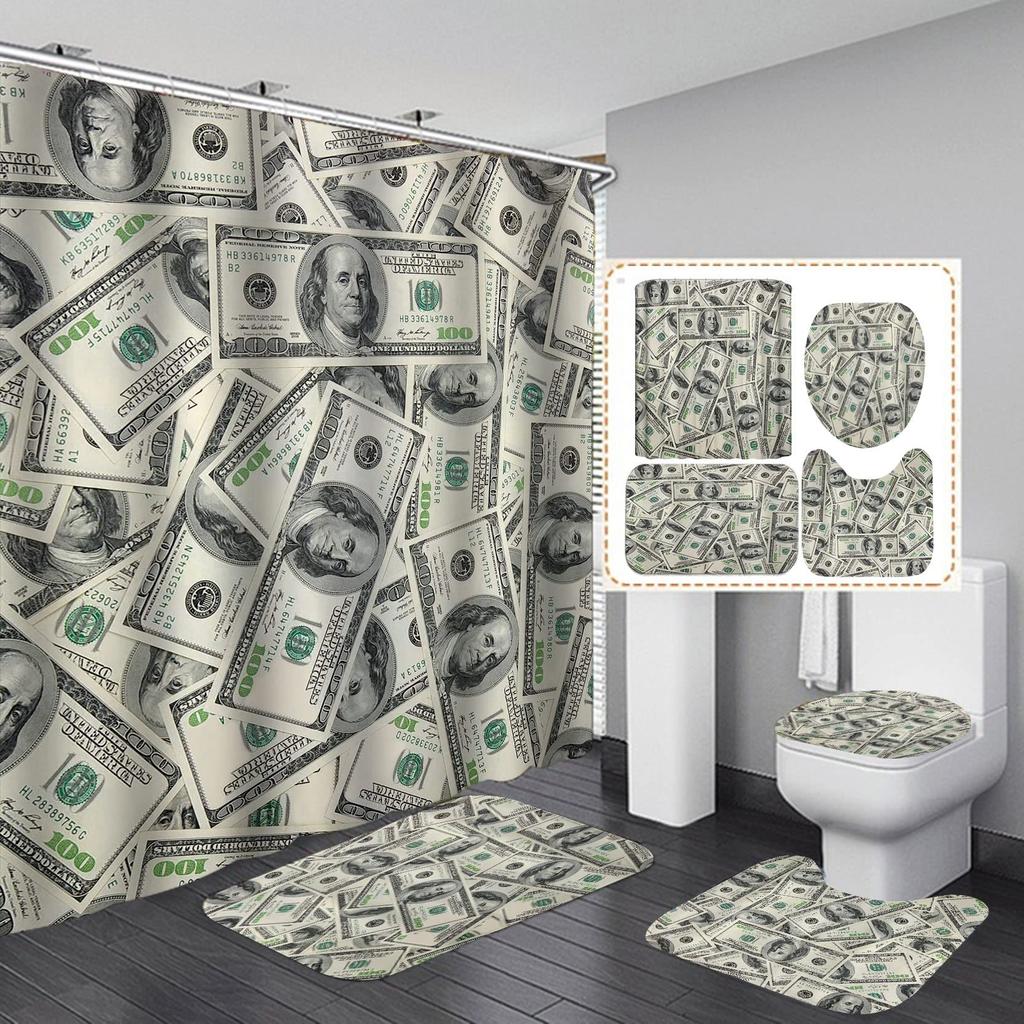 Money Shower Curtain Set Hundred Us Dollar Bills Cash Benjamin Franklin Profile Luxury Modern Bath Curtain Bath Rugs Toilet Mats