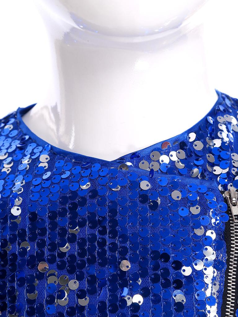 Mädchen Pailletten Strickjacke Oberteil Langarm Doppelreißverschluss Schößchen Design Cropped Jacke Geburtstagsparty Oberbekleidung