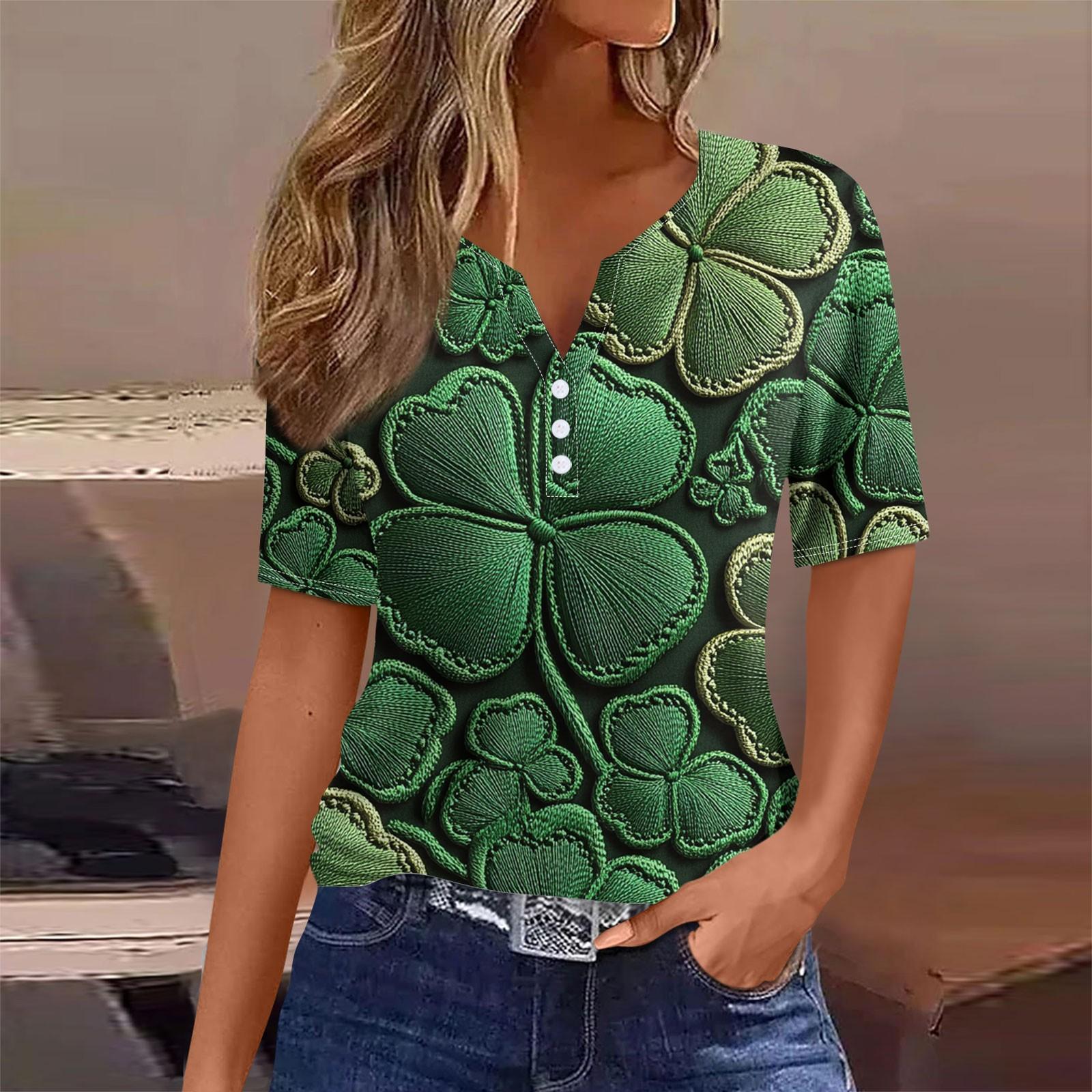 

Женская мода в стиле кэжуал. Топ с короткими рукавами и V-образным вырезом на пуговицах с принтом ко Дню Святого Патрика L армия зеленый