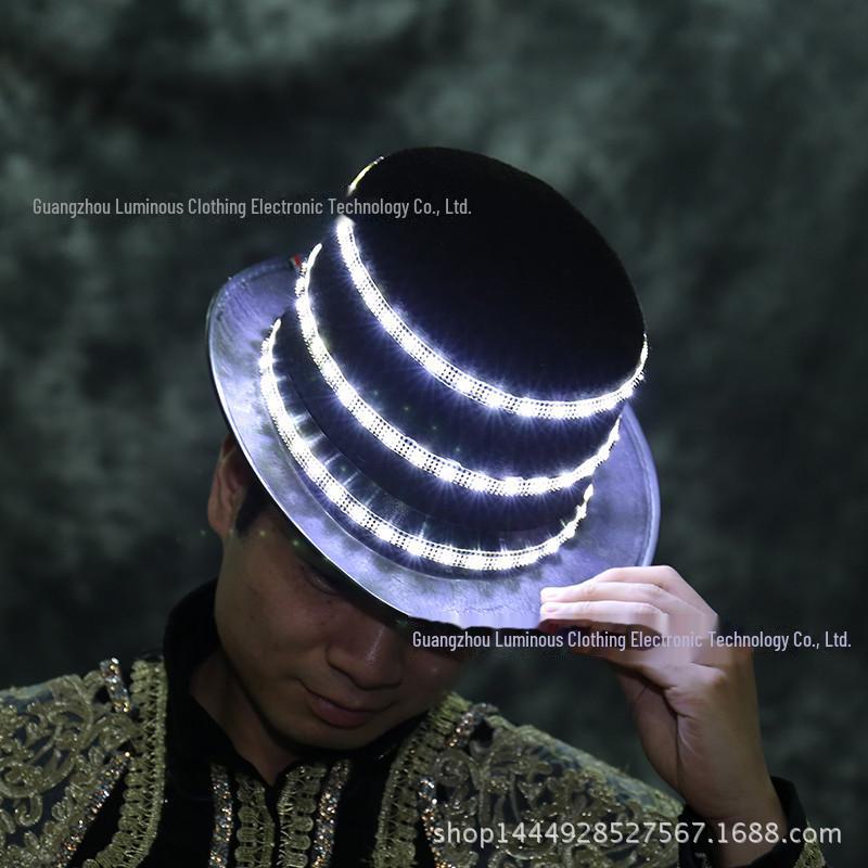 LED Jazz Hat with Diamonds: High-Brightness White Light Top Hat for Dance Parties, KTV, and Bars, Battery Operated