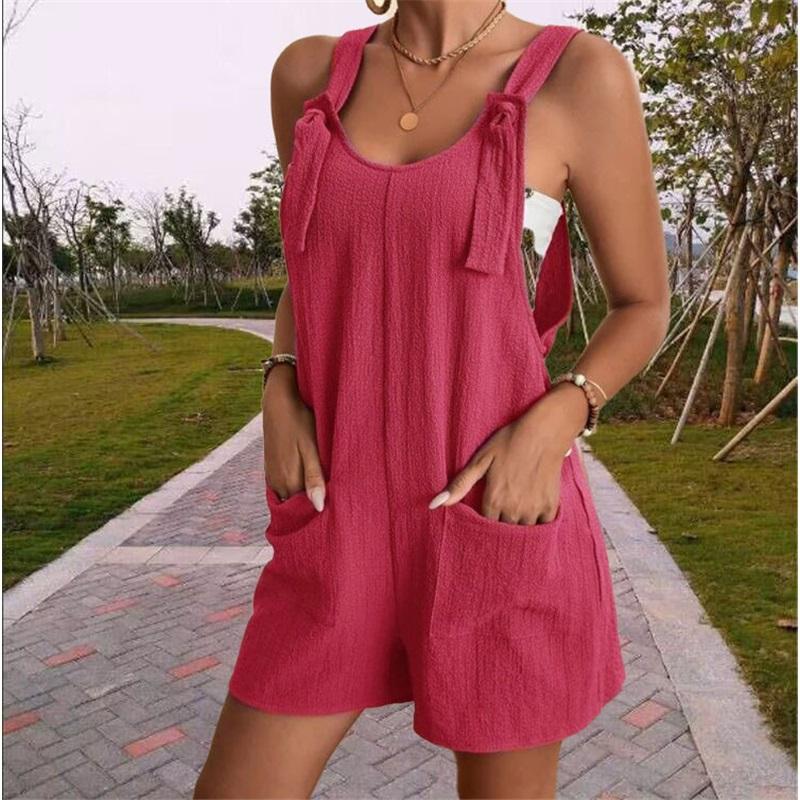 European And American Women's Summer Casual Solid Color Suspender Shorts One-piece Pants Adjustable Large Size Overalls Cool And Comfortable