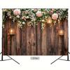 2D Romantic Wood Flower Backdrop, Vintage Plank Wall with Pink Blooms for Engagement Party