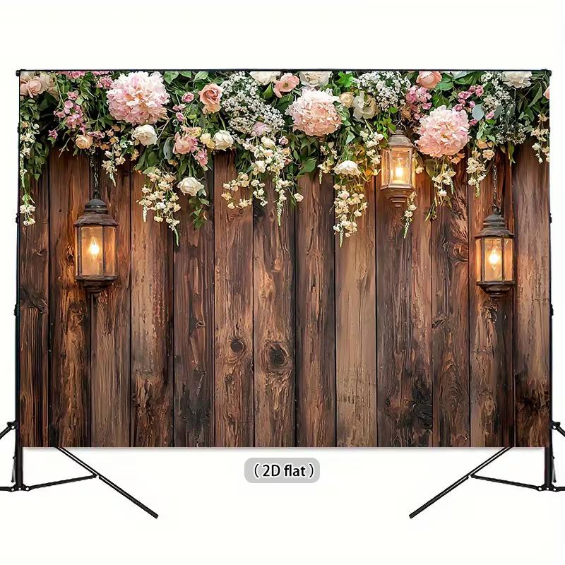 2D Romantic Wood Flower Backdrop, Vintage Plank Wall with Pink Blooms for Engagement Party