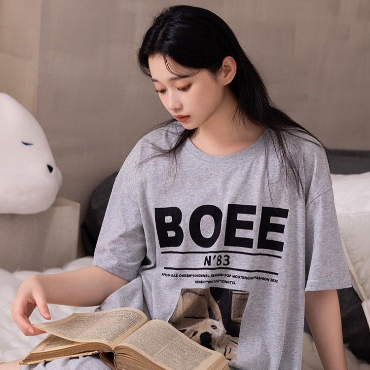 Loose-fitting Large-sized Women's Round-neck Short-sleeved T-shirt Dress, Long Laid-back Style Dress, Knee-length Sleeping Dress