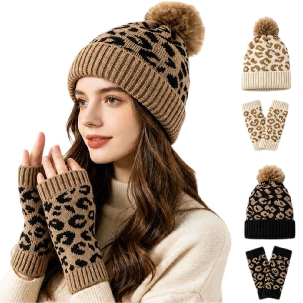 2Pcs/Set Warm Knit Beanie Leopard Knitted Winter Hat New Leopard Print Beanie Everyday Wear