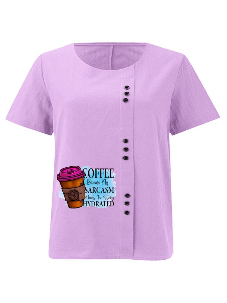 Women's Fashion Coffee Alphabet Print Casual Cotton Linen Short Sleeve Round Neck T-shirt Shirt Leisure Loose Summer Blouse Tops
