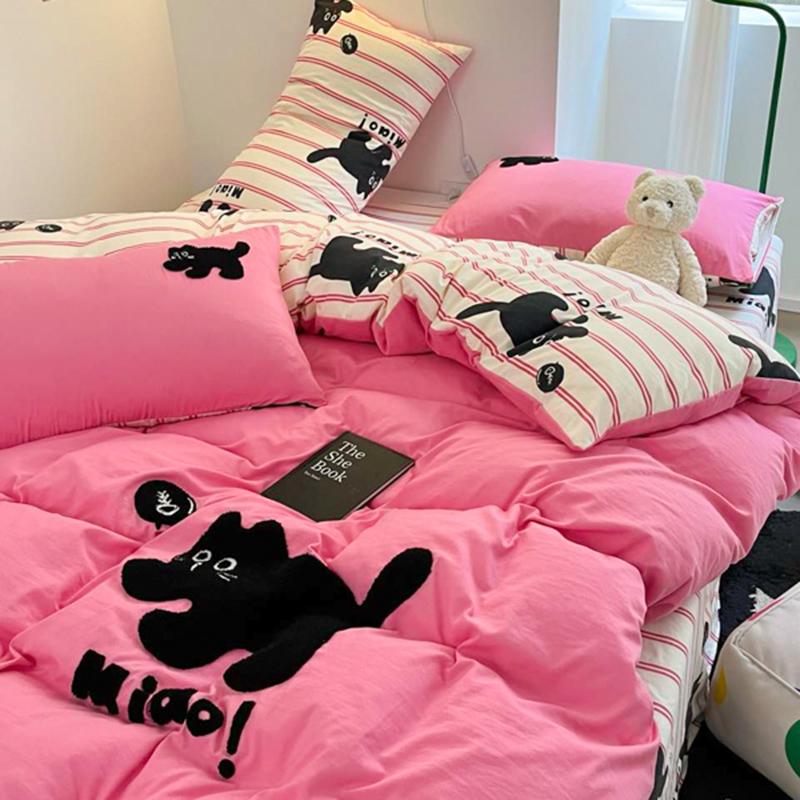 Ins Pink Stripe Bedding Set Towel Embroidery Duvet Cover Set Queen Twin Full Size Bed Flat Sheet Quilt Cover Pillowcases Kawaii