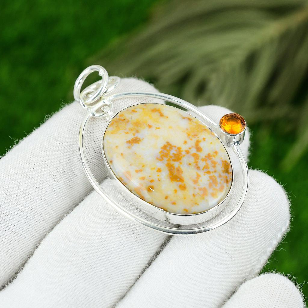 Mothers Day Deal Natural Polka Dot Agate Citrine New Pendant 925 Sterling Silver