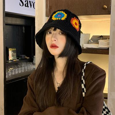 Handmade Knitted Flower Wool Hat for Women In Autumn and Winter Versatile Big Head Fisherman Hat for Winter Warm Face Small Pot Hat