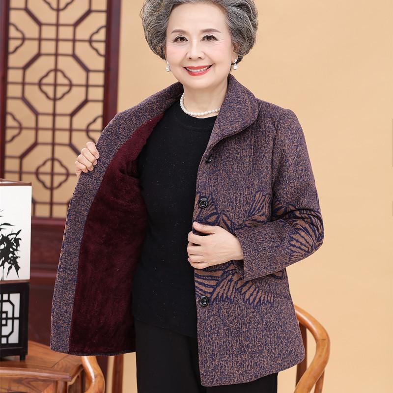 Autumn and Winter Coats, Mother's Clothes, Plus Velvet Thick Woolen Woolen Clothes, Middle-aged and Elderly Cotton-padded Clothes