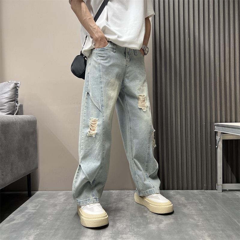 Summer ripped jeans solid color scimitar straight-leg pants men's loose retro wide-leg pants washed jeans