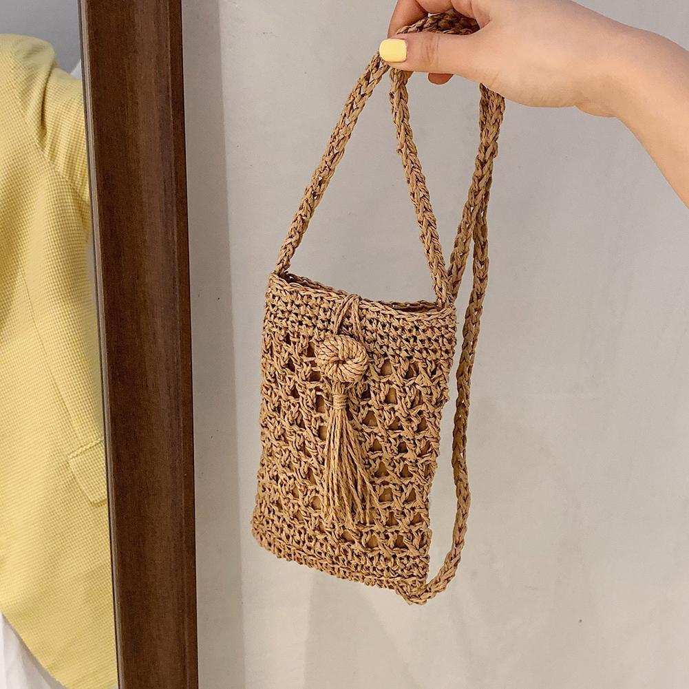 Female Vintage Straw Rope Hand-woven Crossbody Phone Bag Vacation Mini Purse