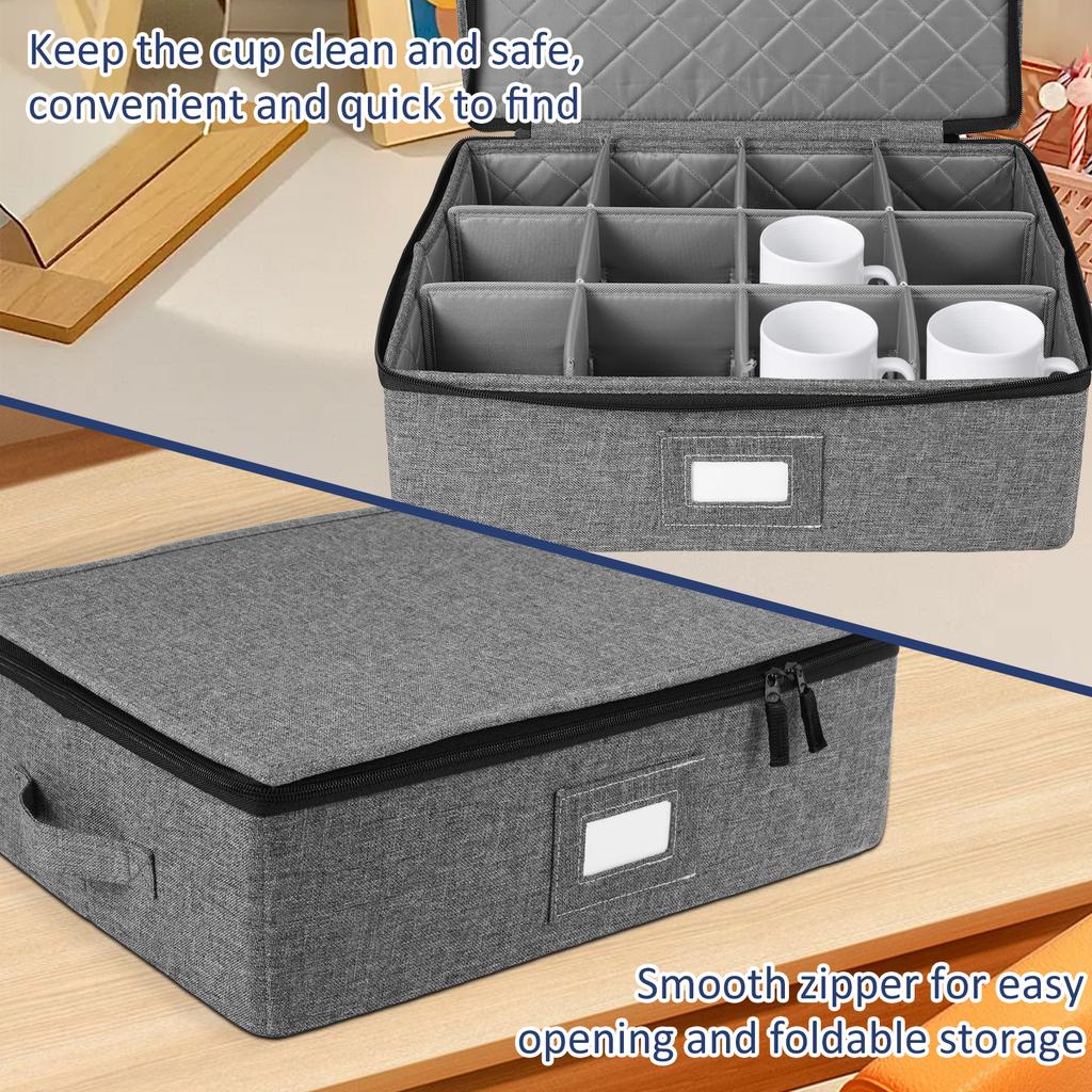Oxford Cloth Stackable Mug Storage Box with Zipper for 12pcs Cups Organizer Box for Kitchen Cabinets Space-Saving Cup Holder