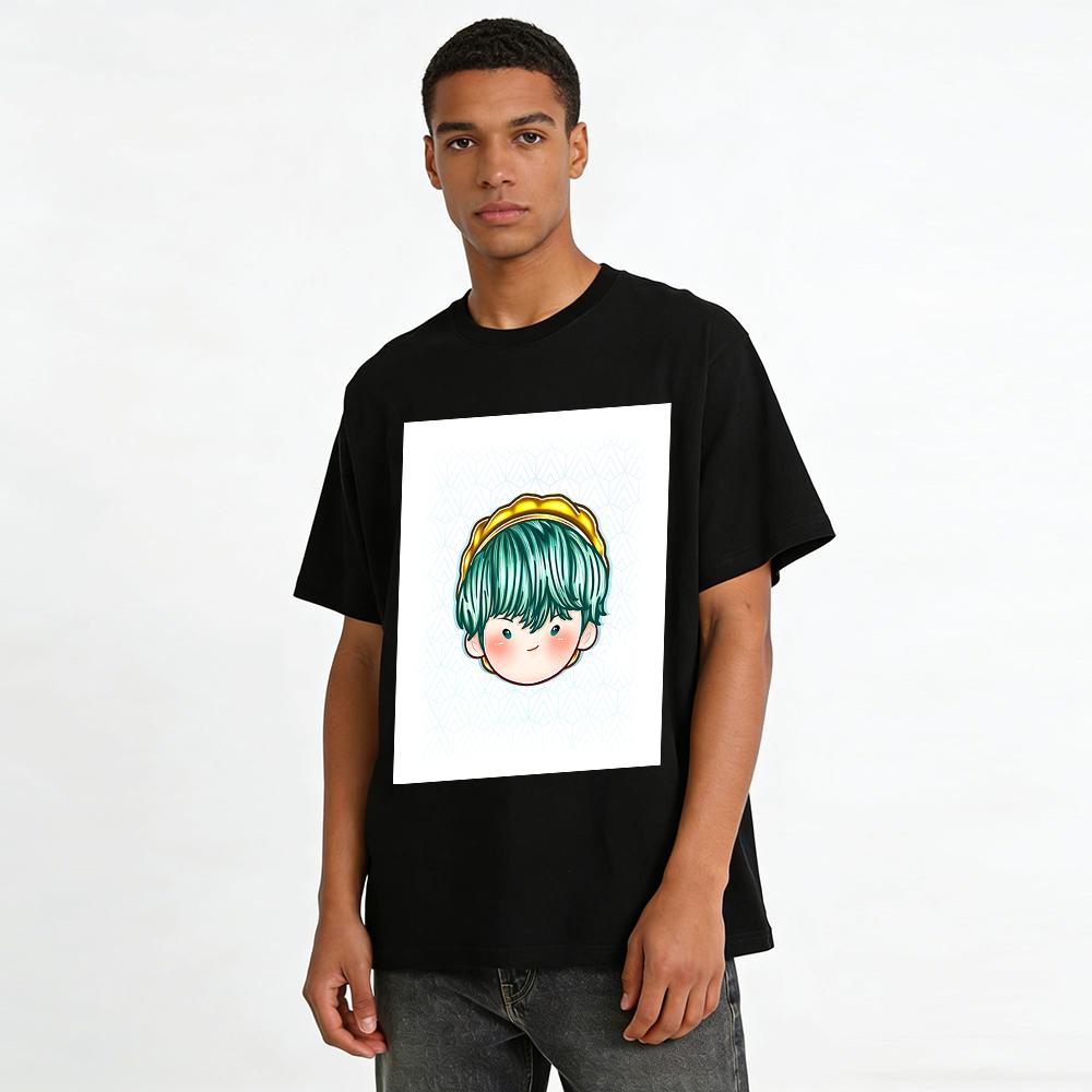 Cute Japanese Style Green-haired Boy Print T-shirt Casual Loose Breathable Unisex Daily Top Pure Cotton T-shirt