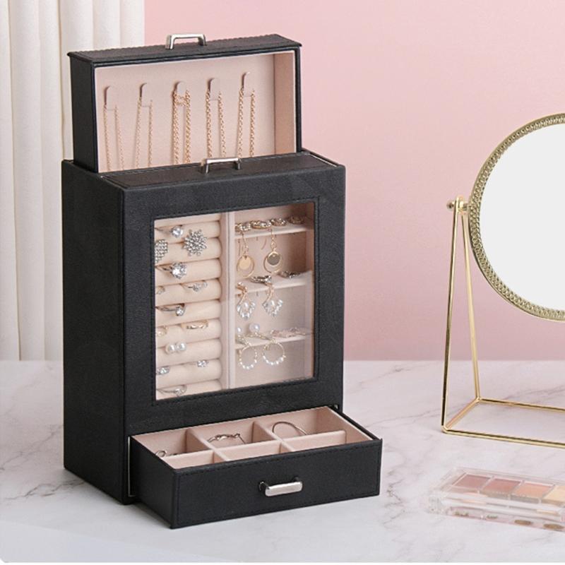Smyckeskrin i PU Smyckesorganisatör Multifunktionell Förvaringsväska med Klart Fönster för Halsband Armband Ringar Örhängen