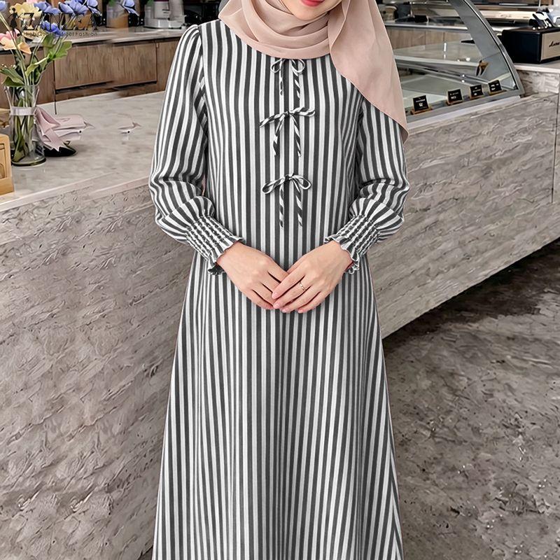 ZANZEA Women Casual Round Neck Loose Long Sleeve Muslim Stripe Dress M