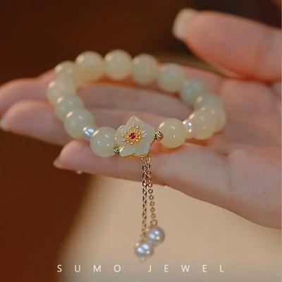 Women's Fashionable Cherry Blossom Bracelet: Imitation Hetian Jade, Niche Design, Versatile Gift for Best Friends or Girlfriends.