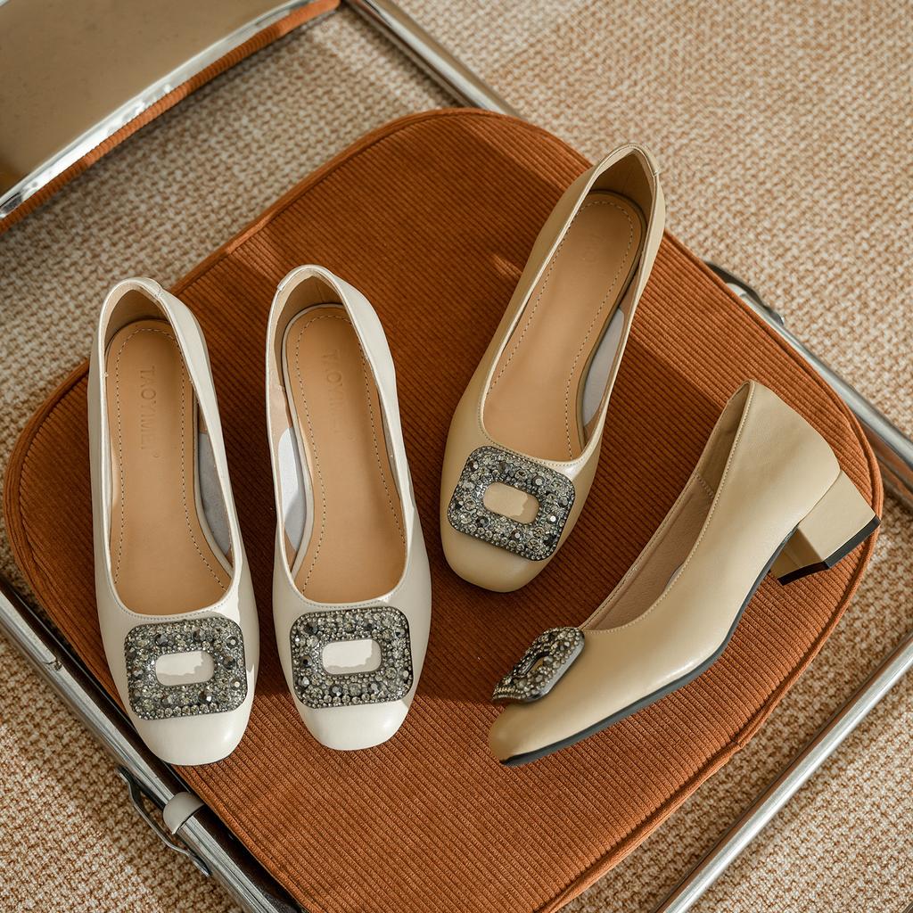 Leather square head thick heel low heel single shoes women are not tired of standing for a long time professional commuter work shoes rhinestone