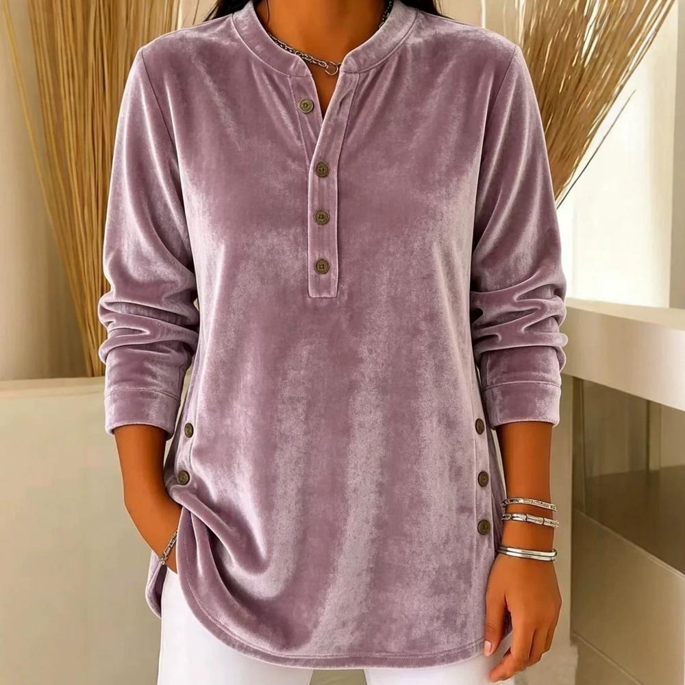 Autumn Winter New Women's Gold Velvet Top Casual Loose V-Neck Button Long Sleeve T-Shirt Velour Tee