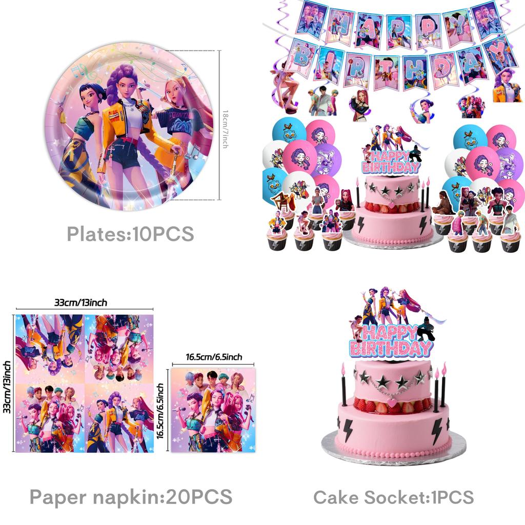 K Pop Demon Hunters Party Paper Plates Cups Napkins Set With Balloons For Birthday Celebration