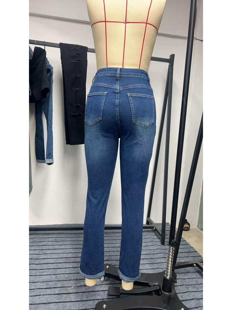 European & American Style Stretch Blue Denim Button-Up Women's Rolled-Up Pants