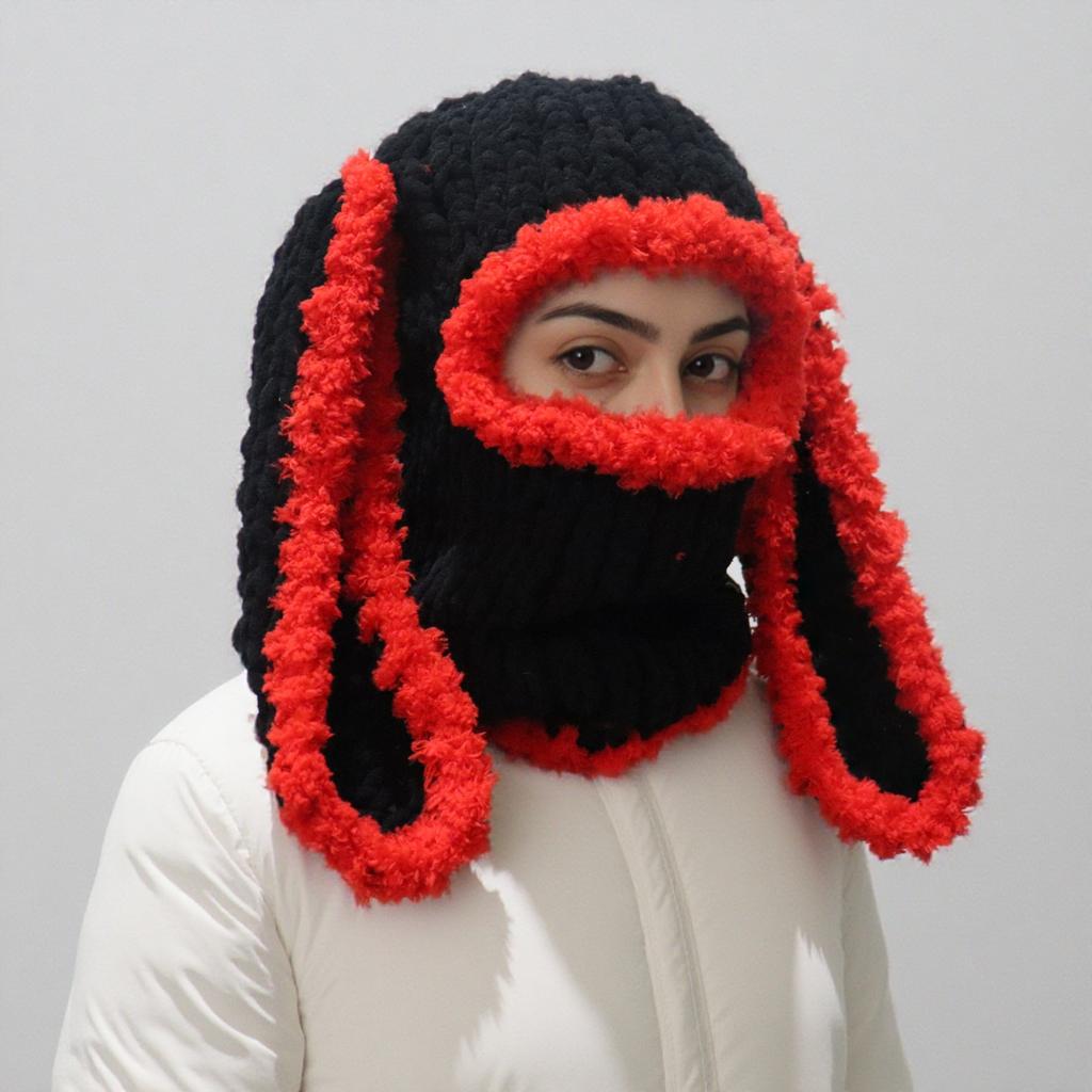 Handmade Knitted Long-eared Rabbit Head Cover Hat Balaclava Thermal Hat European and American Ski Cold Ear Protection Hat