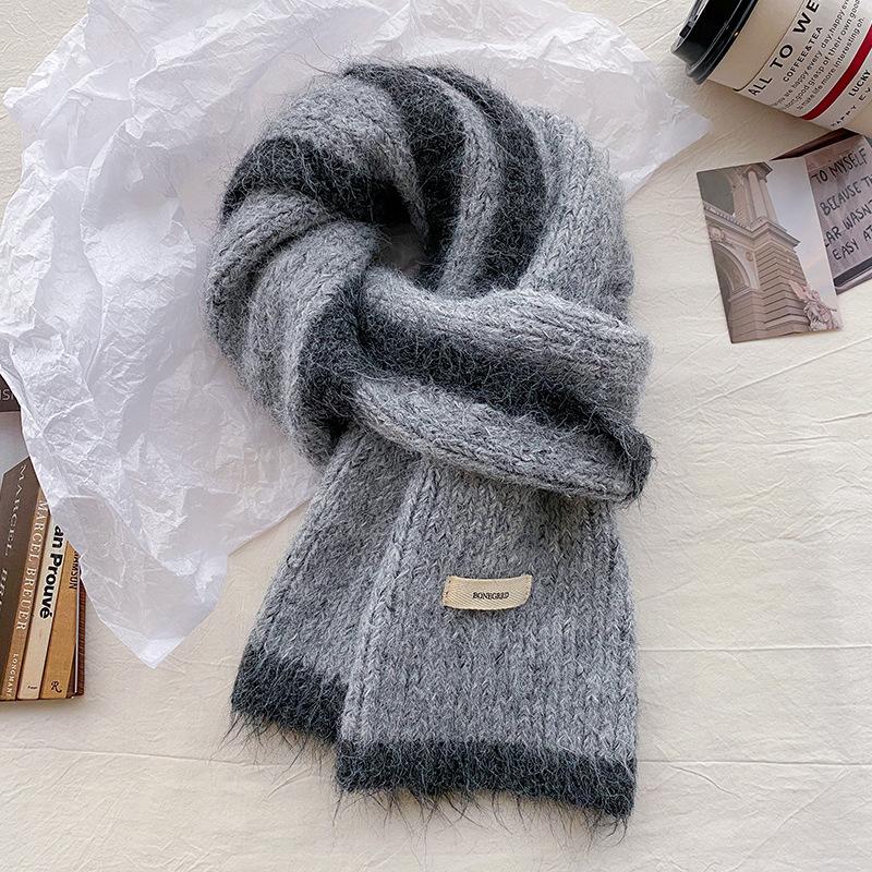 Wool color matching knitted small scarf women's winter warm student versatile wool couple scarf
