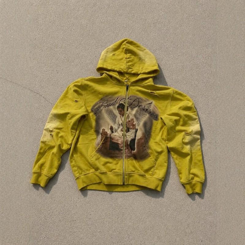 Gradient Rhinestone Angel Oil Painting Zip Up Hoodie Distressed Washed Black Loose Streetwear Men Women