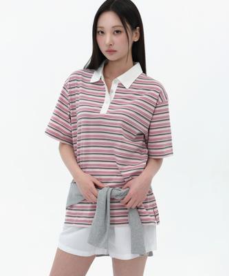MUSINSA STANDARD WOMAN Women'S Multi-Stripe Short-Sleeve Rugby Shirt [Pink]