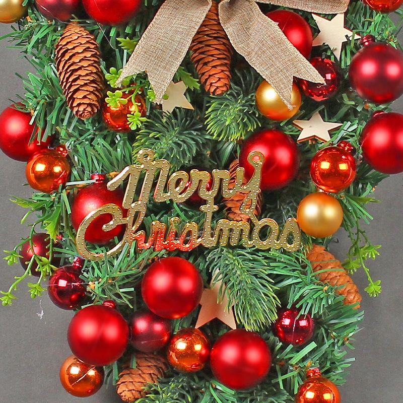 Christmas Teardrop Door Swag, Upside Down Hanging Wreath with Burlap Bow, Xmas Balls & Pine Cones, Farmhouse Front Door Holiday Wall Decor